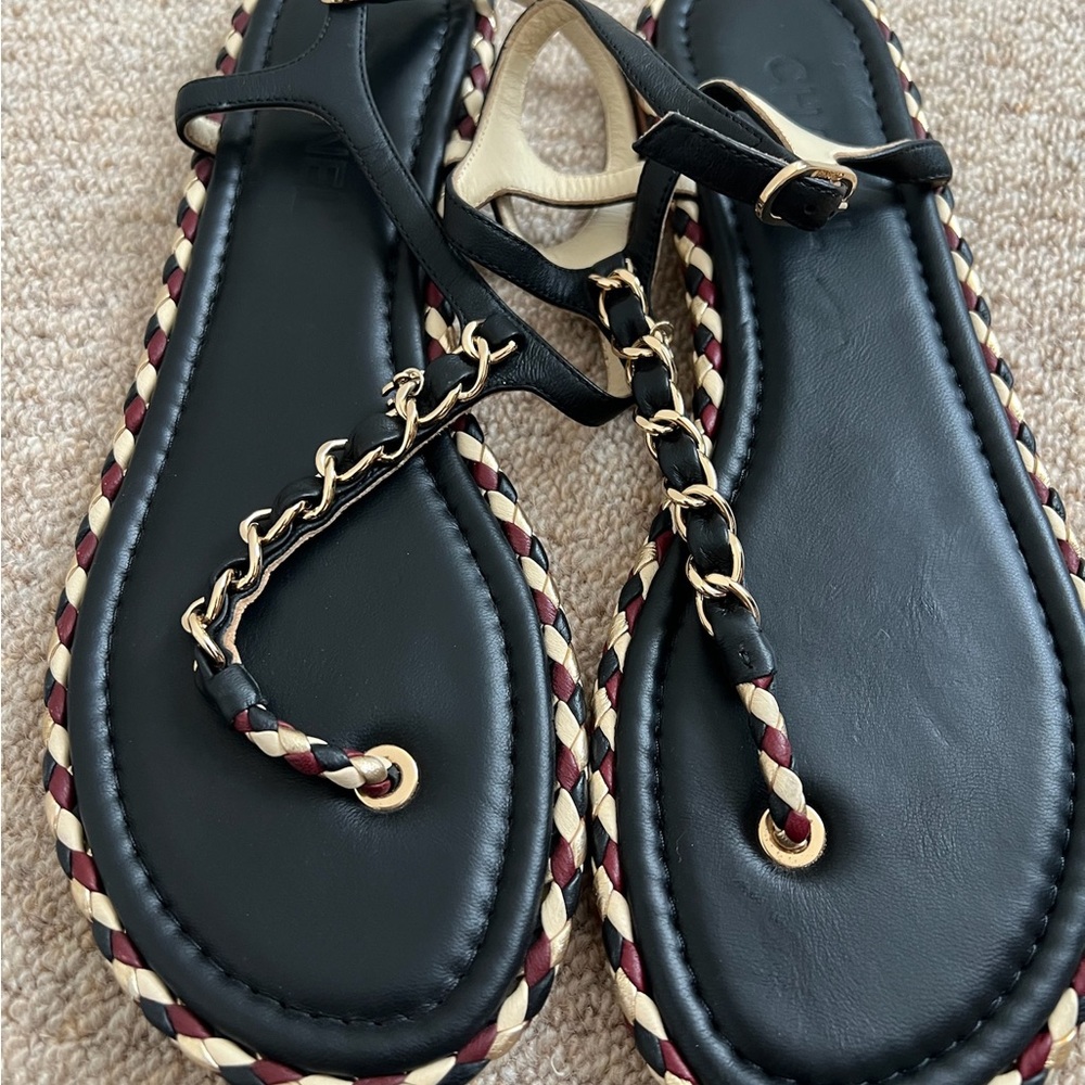 CHANEL Black and Cream Braided Sandals